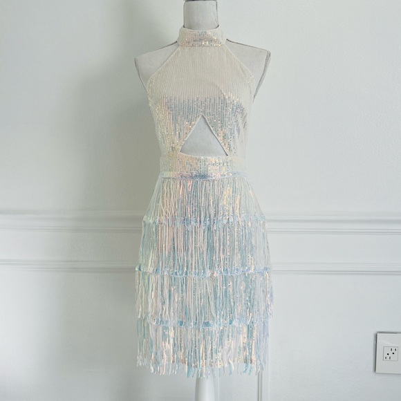 Off White Iridescent Sequined Tassel Cut Out Mini Short Dress Halter Neck - Picture 16 of 17